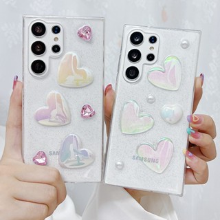 เคสโทรศัพท์มือถือแบบนิ่ม TPU ใส แต่งกลิตเตอร์ คริสตัล ลายหัวใจ 3D ระยิบระยับ หรูหรา สําหรับ Samsung S23 Ultra S22 Plus S22+ S21 S20FE S21FE S20 Ultra Note 20