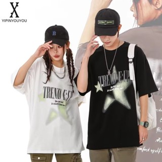 YIPINYOUYOU ผู้ชายแขนสั้น American High Street Lovers Letter Star พิมพ์เฉพาะยุโรปและอเมริกา Hip-Hop เสื้อยืดสไตล์ Abby