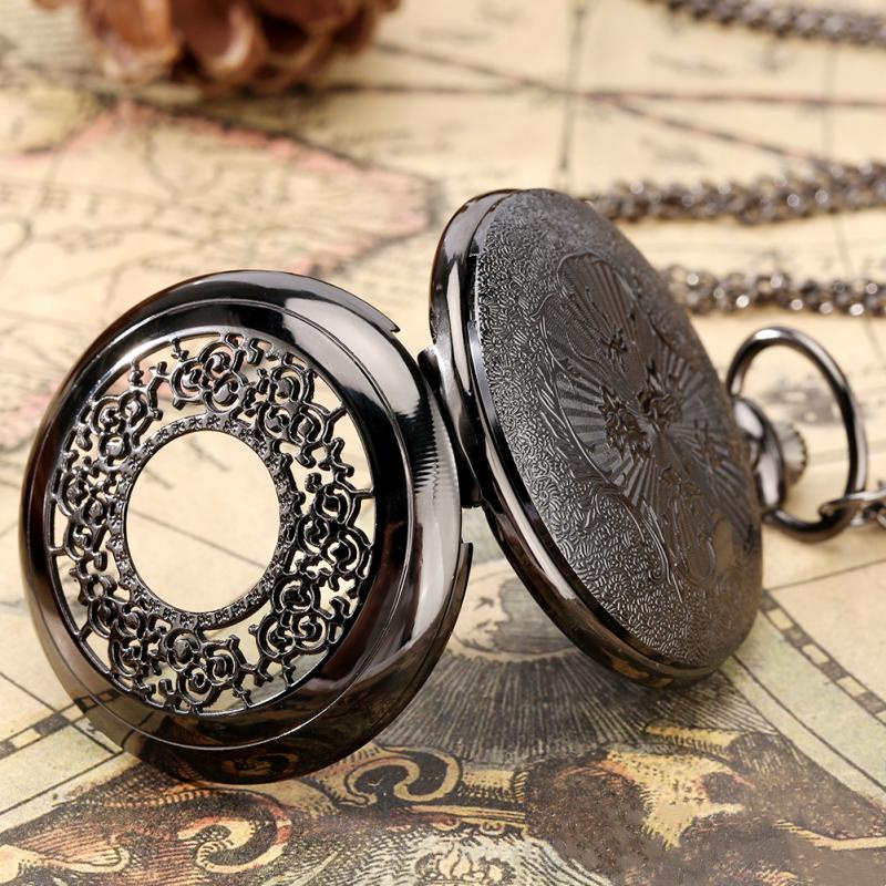 Starry Blue Dial Pocket Watch เลขโรมันจี้ Bronze Hollow Case Steampunk Vintage สร้อยคอแขวนนาฬิกา
