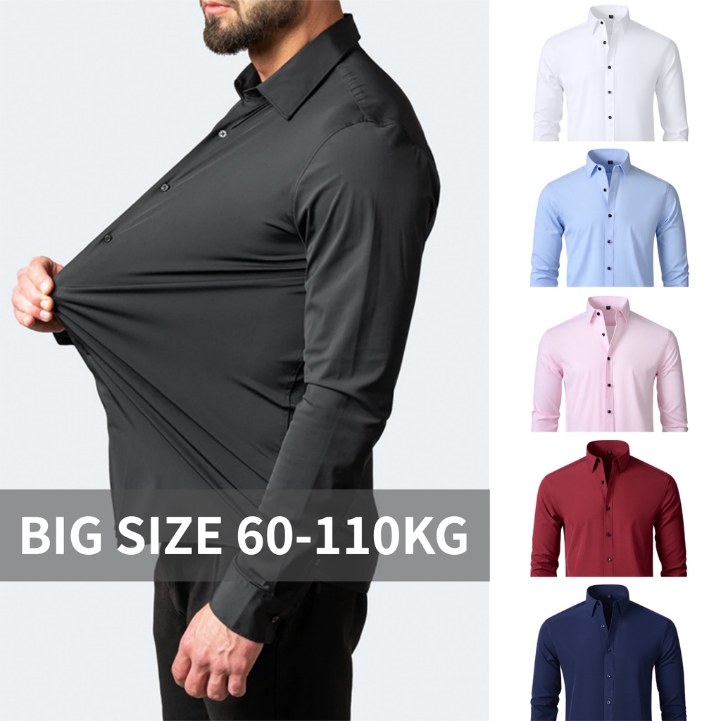 【Plus Size】เสื้อเชิ้ตแขนยาวลําลอง ยืดหยุ่น โอเวอร์ไซซ์ ไม่ย่น โอเวอร์ไซซ์ สีดํา สําหรับผู้ชาย ธุรกิจ สํานักงาน 60-110 กก.