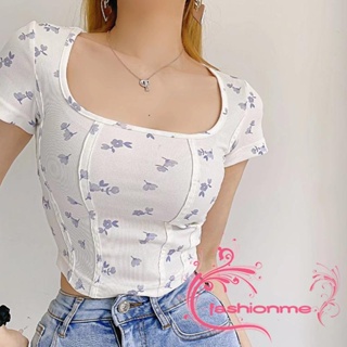 Fashionme- เสื้อครอปท็อป แขนสั้น คอสี่เหลี่ยม พิมพ์ลายดอกไม้ เข้ารูป โชว์สะดือ แฟชั่นฤดูใบไม้ผลิ ฤดูร้อน สําหรับผู้หญิง