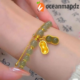 OCEANMAPDZ สร้อยข้อมือ ประดับลูกปัด จี้ถั่วลิสง สีเขียว แบบเรียบง่าย สไตล์จีนโบราณ สําหรับผู้หญิง