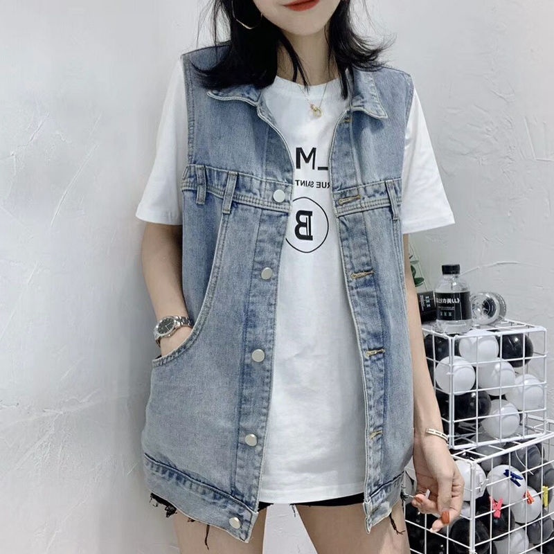 มาแรง | เสื้อแจ็กเก็ตยีนแขนกุด ความยาวปานกลาง ทรงหลวม