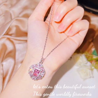 สไตล์ใหม่ สีชมพู เพทาย จี้ยิปโซ สี่เหลี่ยม เพชร สร้อยคอผู้หญิง