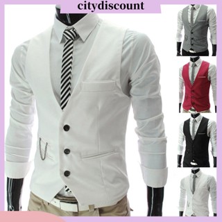 &lt;citydiscount&gt; เสื้อสูทเบลเซอร์แขนกุด คอวี แต่งกระดุม สีพื้น แฟชั่นสําหรับผู้ชาย