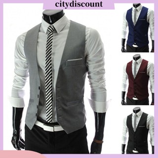 &lt;citydiscount&gt; เสื้อกั๊กสูท แขนกุด มีกระเป๋า สีพื้น เรียบง่าย สไตล์นักธุรกิจ สําหรับผู้ชาย