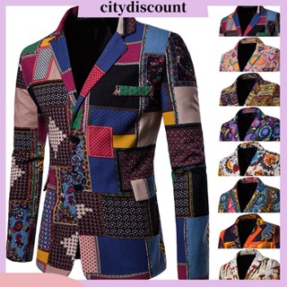 &lt;citydiscount&gt; เสื้อแจ็กเก็ตสูท คอปก กระดุมแถวเดียว พิมพ์ลายตัวอักษรแอฟริกัน หลากสี สไตล์สตรีท ฤดูใบไม้ร่วง สําหรับผู้ชาย