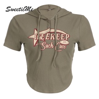 Sweeticme ใหม่ เสื้อฮู้ด แขนสั้น พิมพ์ลายตัวอักษร ลําลอง แฟชั่นสําหรับผู้หญิง 2023