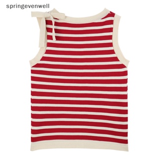 [springevenwell] เสื้อสายเดี่ยวลําลอง คอกลม แขนกุด ผ้าถัก ลายทาง แฟชั่นฤดูร้อน สําหรับสตรี