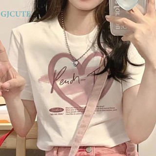 Gjcute เสื้อยืดลําลอง คอกลม แขนสั้น พิมพ์ลายหัวใจ แฟชั่นฤดูร้อน สําหรับสตรี WTD