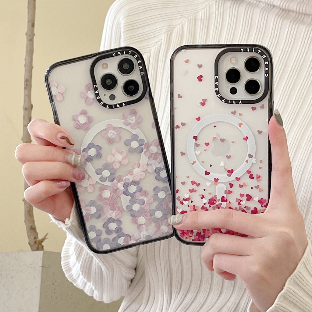Flowers Hearts Magnetic เคสโทรศัพท์สําหรับ iPhone 16 15 14 13 12 11 Pro Max Plus, Hard Clear