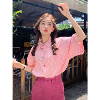 Milyfashion เสื้อเชิ้ตโปโล แขนสั้น คอปก ลายสก๊อต ทรงหลวม สีชมพู แฟชั่นฤดูร้อน 2023