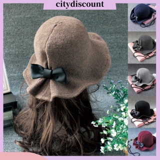 &lt;citydiscount&gt; หมวกปีกกว้าง ผ้าวูล ประดับโบว์ ทรงกลม สีพื้น หรูหรา เครื่องประดับ แฟชั่นฤดูหนาว สไตล์ชาวประมง สําหรับผู้หญิง