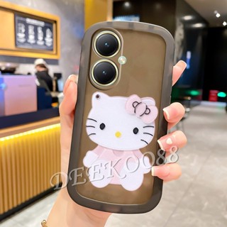 เคสโทรศัพท์มือถือ ลายแมวน่ารัก 3D สีชมพู พร้อมกระจกขาตั้ง สําหรับ VIVO Y27 Y78 Y02T 4G 5G VIVOY27 VIVOY78 VIVOY02T