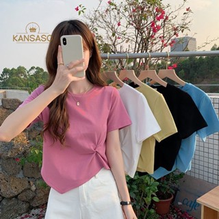 Kans เสื้อยืดลําลอง คอกลม แขนสั้น สีพื้น ทรงไม่สมมาตร แฟชั่นฤดูร้อน สําหรับสตรี