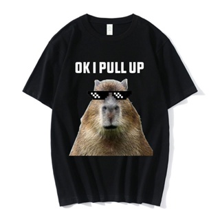 ขายคาปิบาร่า [S-5XL]เสื้อยืดลําลอง ผ้าฝ้ายแท้ แขนสั้น พิมพ์ลาย Ok I Pull Up Capybara ทรงหลวม สไตล์โกธิค แฟชั่นสําหรับผู้