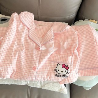 ชุดนอนแขนสั้น ทรงหลวม ลาย Hello Kitty แบบเรียบง่าย เหมาะกับฤดูร้อน สําหรับผู้หญิง