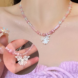 1 ชิ้น โอปอล ผีเสื้อ นางฟ้า จี้สร้อยคอ สําหรับผู้หญิง สีชมพู สีขาว ลูกปัด ไหปลาร้า โซ่ แสง หรูหรา อารมณ์ อุปกรณ์เสริม