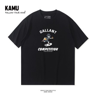 เสื้อยืดแขนสั้น ผ้าฝ้ายแท้ ทรงหลวม ลาย Kamu แฟชั่นฤดูร้อน สไตล์เรโทร สําหรับผู้ชาย และคู่รัก