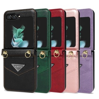 เคสหนัง ฝาพับ พร้อมช่องใส่บัตร และสายคล้อง สําหรับ Samsung Galaxy Z Flip 5 4 3 5G