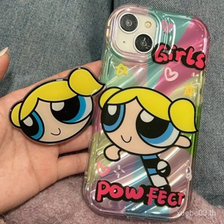 เคสป้องกันโทรศัพท์มือถือ แบบนิ่ม ขอบตรง กันกระแทก ขนาดใหญ่ ลาย Powerpuff Girls สีเหลือง มีป็อบอัพ สําหรับ iPhone 14Promax 13Pro 11 12Pro xs xr xsmax 678plus