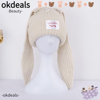 Okdeals หมวกถักโครเชต์ แต่งหูกระต่าย แฟชั่นฤดูใบไม้ร่วง ฤดูหนาว