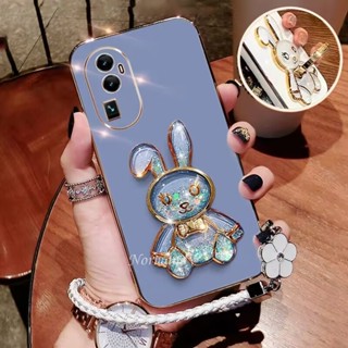 เคสโทรศัพท์มือถือแบบนิ่ม ลายกระต่าย พร้อมขาตั้ง และสายคล้องมือ หรูหรา สําหรับ OPPO Reno 10 Pro Pro+ Plus 8T A98 A78 NFC 4G 5G