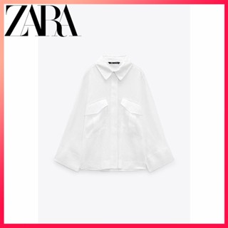 Zara ใหม่ เสื้อเชิ้ต ผ้าลินิน บริสุทธิ์ มีกระเป๋า สําหรับผู้หญิง