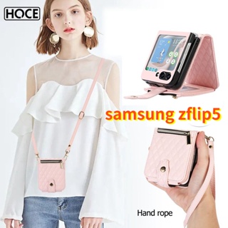 Hoce ZFlip5 เคสโทรศัพท์หนัง ฝาพับ พร้อมช่องใส่บัตร และสายคล้อง สําหรับ Samsung Galaxy z flip 4 z flip 5 5G zflip3 flip5