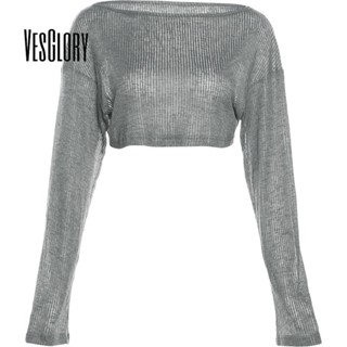 Vesglory เสื้อครอปท็อปลําลอง แขนยาว คอกลม ทรงสลิมฟิต พิมพ์ลาย สีตัดกัน แฟชั่นสําหรับสตรี 2023