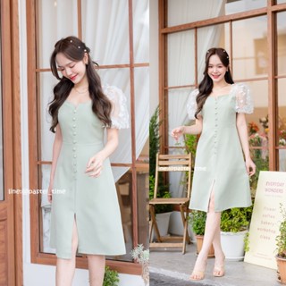 Eve - 3D Floret Midi Dress : สีเขียวมัทฉะ [Made by Pastel Time]