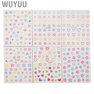 Wuyuu Self Adhesive Nail Decals 6 Sheets Mix Color Different Patterns Decorative Art Lovely Heart Star Shape for Salon