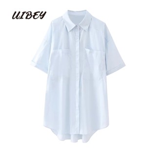 Uibey เสื้อเชิ้ต คอปก สีพื้น แฟชั่น 3745