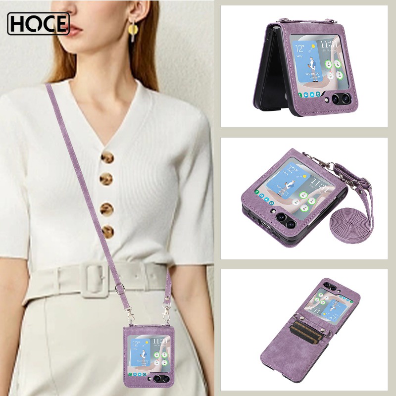 SAMSUNG HOCE ZFlip7 ช่องใส่การ์ดCrossbody Lanyardหนังเคสโทรศัพท์สําหรับSamsung Galaxy Z Flip 4/5/6/7 flip6 ZFlip3 5G Flip5 เคสกันกระแทก