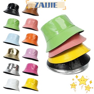 Zaijie24 หมวกบักเก็ต ผ้าฝ้าย PU กันแดด ย้อนกลับได้ แฟชั่นเรโทร