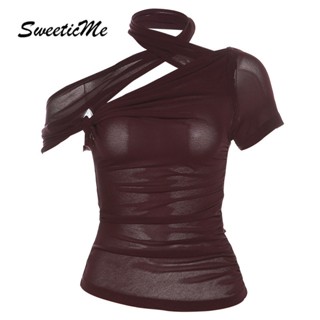 Sweeticme เสื้อยืดซีทรู เปิดหลังเซ็กซี่ สีพื้น แฟชั่นสําหรับผู้หญิง 2023