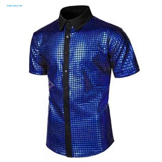 Ing เสื้อเชิ้ตคอสเพลย์ 70s Disco แต่งเลื่อมสะท้อนแสง แวววาว สไตล์วินเทจ สําหรับผู้ชาย ปาร์ตี้