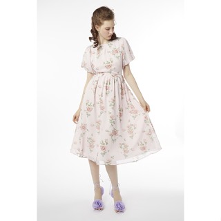 EP เดรสผ้าชีฟองแต่งลายกุหลาบ ผู้หญิง สีชมพูอ่อน | Rose Print Chiffon Dress | 04658