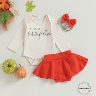 Babyclothes- ชุดรอมเปอร์ แขนยาว พิมพ์ลายตัวอักษร + กระโปรง กางเกงขาสั้น + ที่คาดผม เสื้อผ้าเด็กแรกเกิด ฮาโลวีน