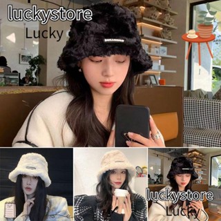 Lucky หมวกบักเก็ต ผ้ากํามะหยี่ขนนิ่ม แบบหนา หรูหรา สีพื้น สไตล์เกาหลี ฤดูหนาว