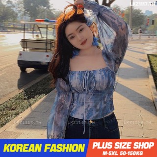 Plus size เสื้อผ้าสาวอวบ❤ เสื้อสาวอวบอ้วน ไซส์ใหญ่ ผู้หญิง เสื้อครอป แขนยาว คอเหลี่ยม เซ็กซี่ พิมพ์ ฤดูร้อน สไตล์เกาหลีแฟชั่น