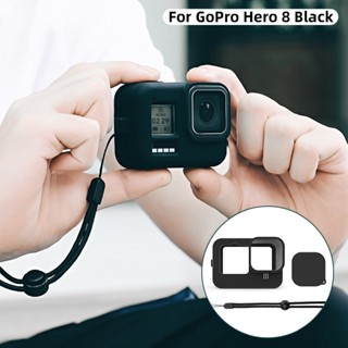 เคสยางซิลิโคน พร้อมสายคล้อง และฝาปิดเลนส์ สําหรับ GoPro Hero 9 สีดํา