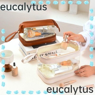 Eucalytus1 กระเป๋าเครื่องสําอาง หนัง PU แบบใส สองชั้น มีซิป กันน้ํา สําหรับผู้หญิง