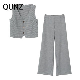 Qunz เสื้อกั๊ก และกางเกง ลายตาราง แฟชั่น 23092