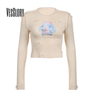 Vesglory เสื้อครอปท็อปแขนยาว คอกลม เข้ารูป พิมพ์ลาย ประดับโบว์ สีพื้น แฟชั่นสําหรับผู้หญิง 2023