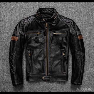 Harleys top layer cowhide leather leather coat mens trendy stand collar motorcycle clothing American casual protective jacket J8TA