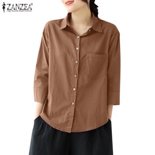 Zanzea เสื้อเชิ้ต คอปก แขน 3/4 สีพื้น สไตล์เกาหลี สําหรับผู้หญิง