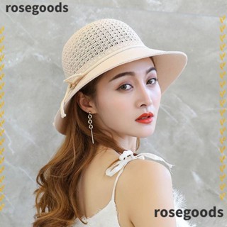 Rosegoods1 หมวกปีกกว้าง โพลีเอสเตอร์ กันแดด สีชมพู สีขาว แฟชั่นฤดูร้อน สําหรับผู้หญิง