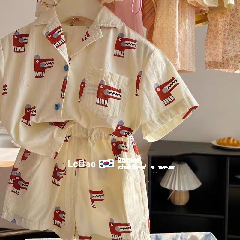 ชุดเสื้อแขนสั้นลําลอง พิมพ์ลาย แฟชั่นฤดูร้อน สไตล์เกาหลี สําหรับเด็กผู้ชาย