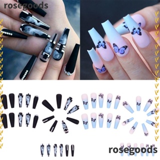 Rosegoods1 เล็บปลอมแฟชั่น หัวเหลี่ยม แบบเต็มเล็บ สไตล์ฝรั่งเศส สําหรับผู้หญิง